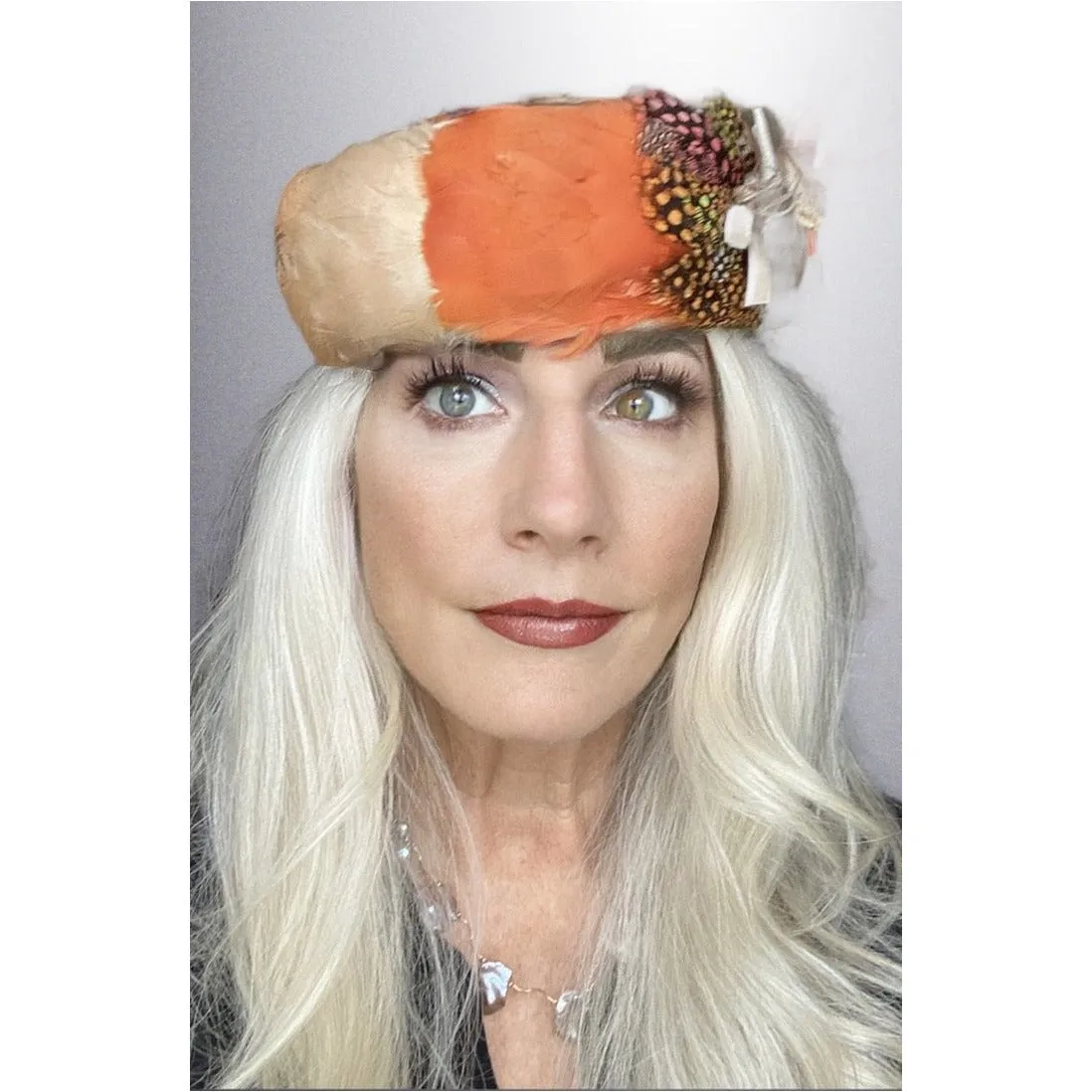 Vintage Pheasant Feather Pillbox Hat  1950s Oranges/ Polka Dots Modern Miss