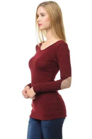 Wear We Meet - Solid Elbow Patch Top in Burgundy