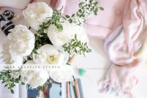 White Peonies with Pink Cushion. Digital Image