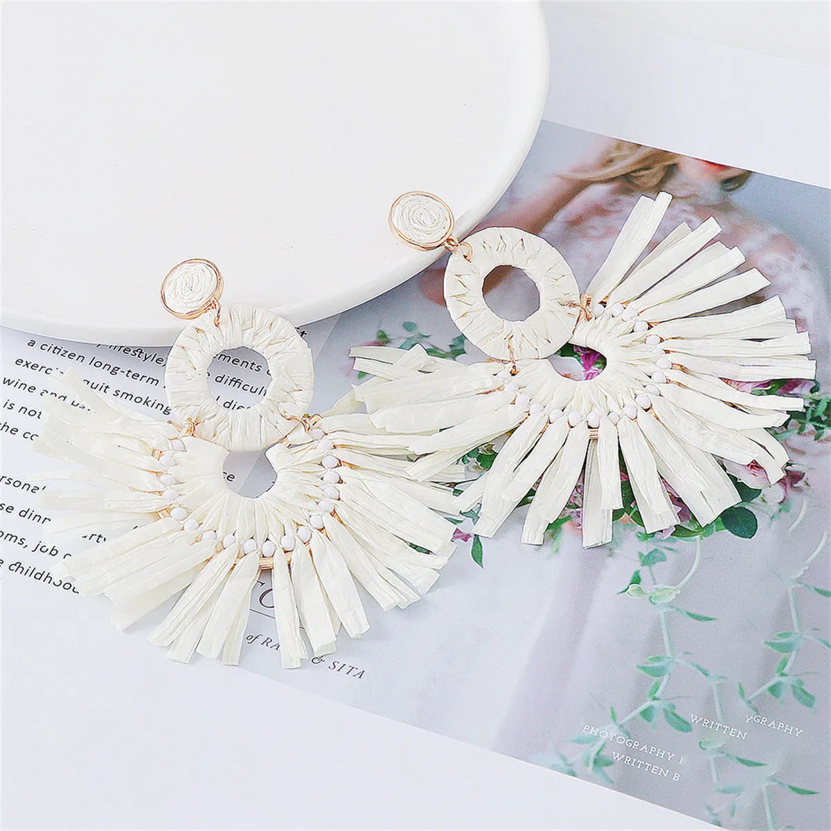 White Raffia & 18K Gold-Plated Tiered Fringe Fan Drop Earrings