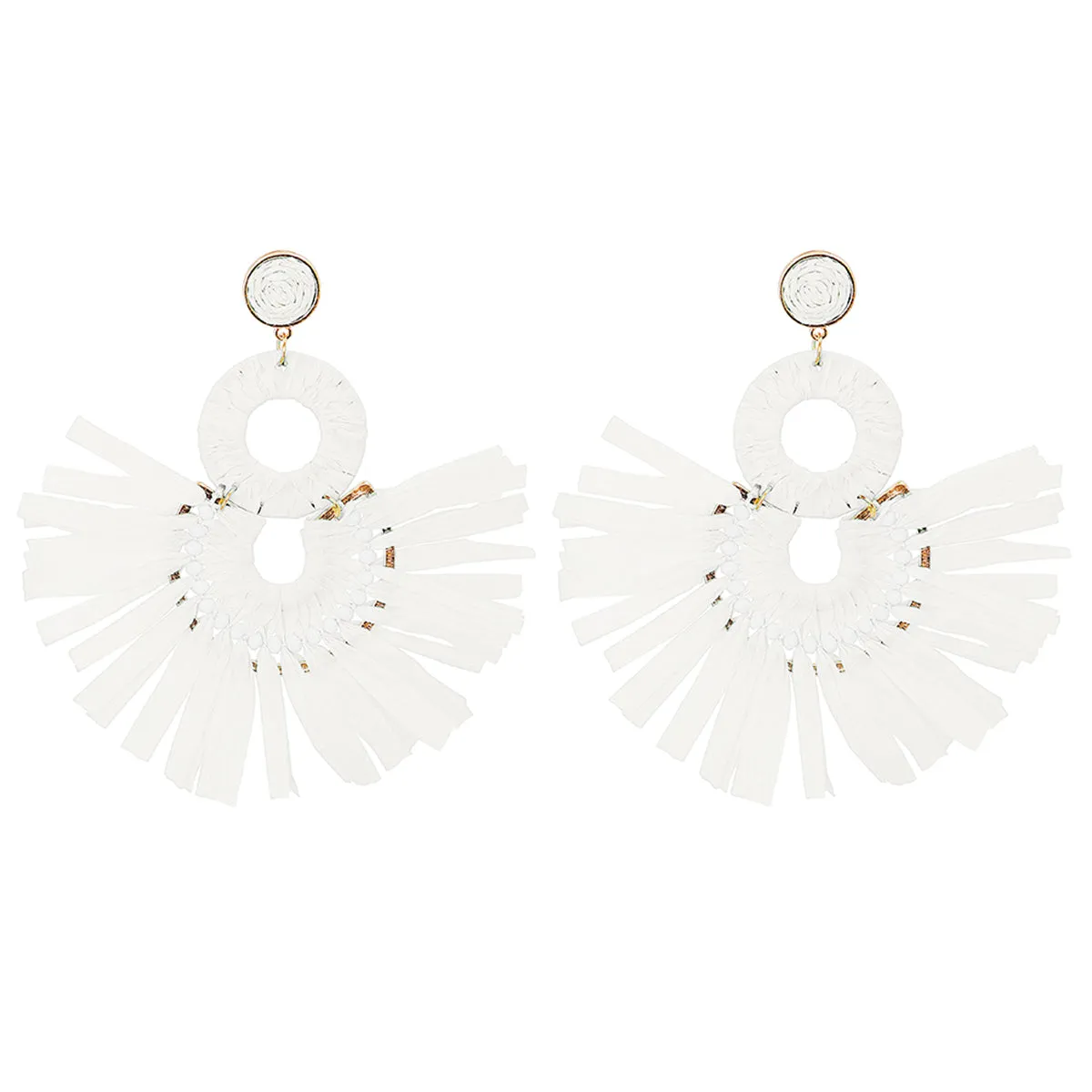 White Raffia & 18K Gold-Plated Tiered Fringe Fan Drop Earrings