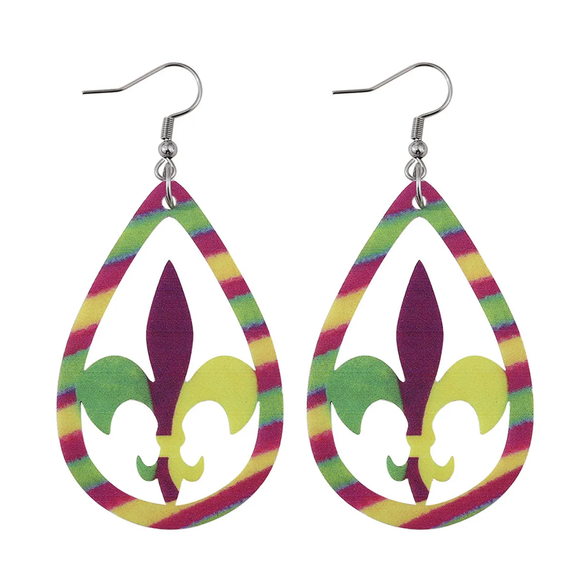 Yellow & Purple Fleur-De-Lis Stripe Drop Earrings