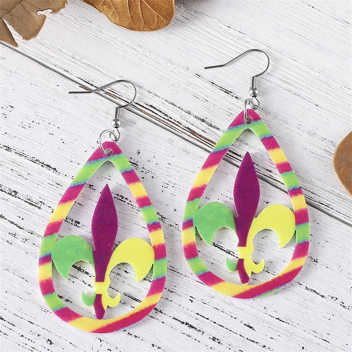 Yellow & Purple Fleur-De-Lis Stripe Drop Earrings