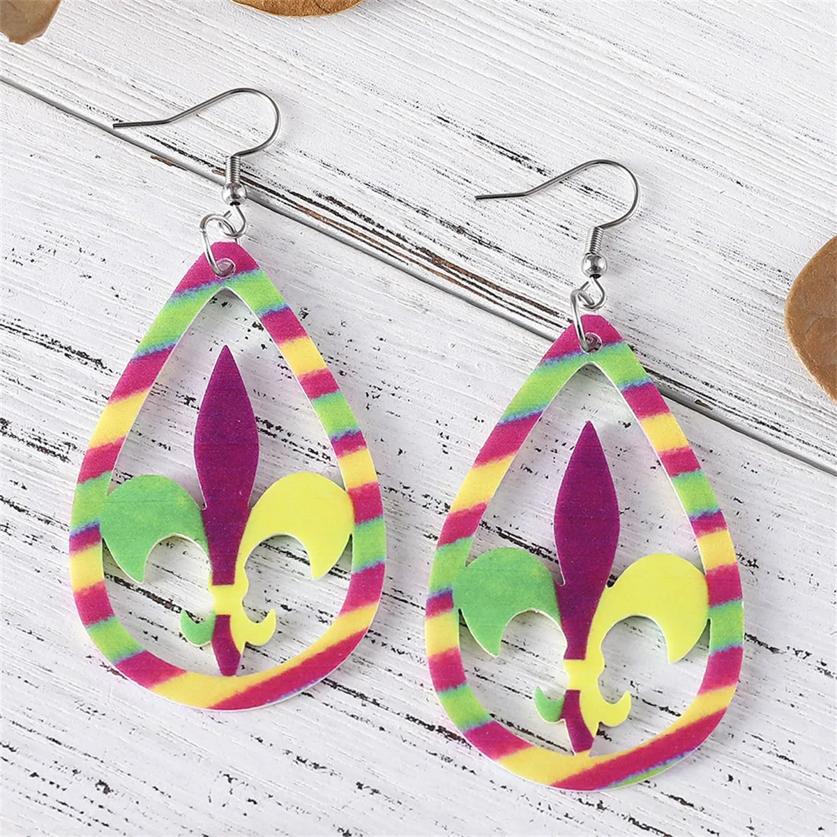 Yellow & Purple Fleur-De-Lis Stripe Drop Earrings