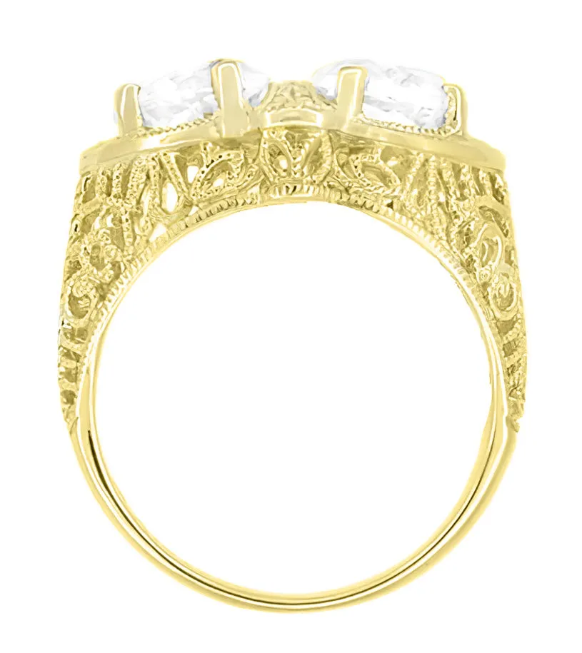 Yellow Gold Art Deco Filigree White Topaz Loving Duo Ring