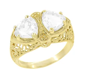 Yellow Gold Art Deco Filigree White Topaz Loving Duo Ring