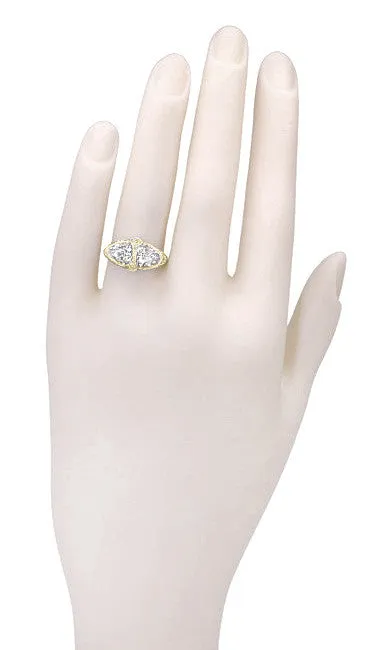 Yellow Gold Art Deco Filigree White Topaz Loving Duo Ring