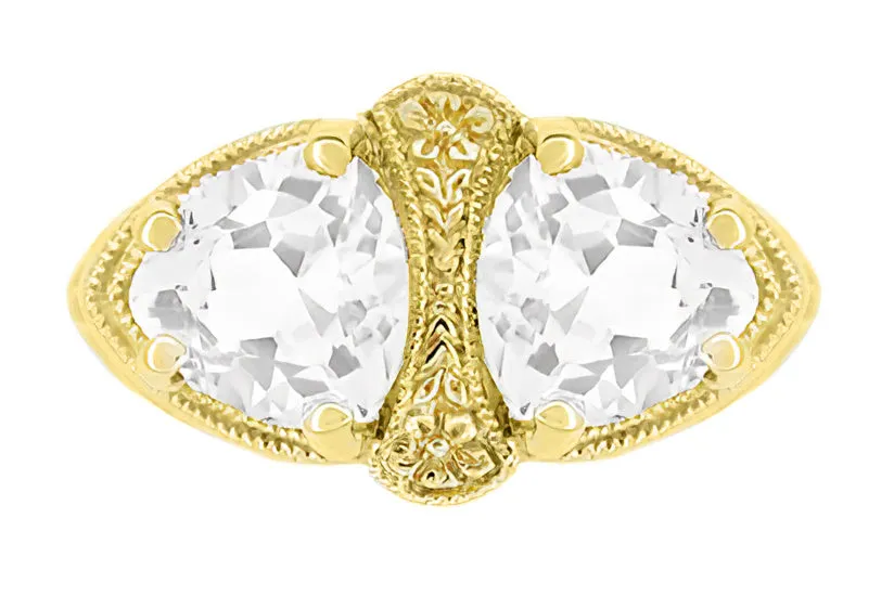 Yellow Gold Art Deco Filigree White Topaz Loving Duo Ring