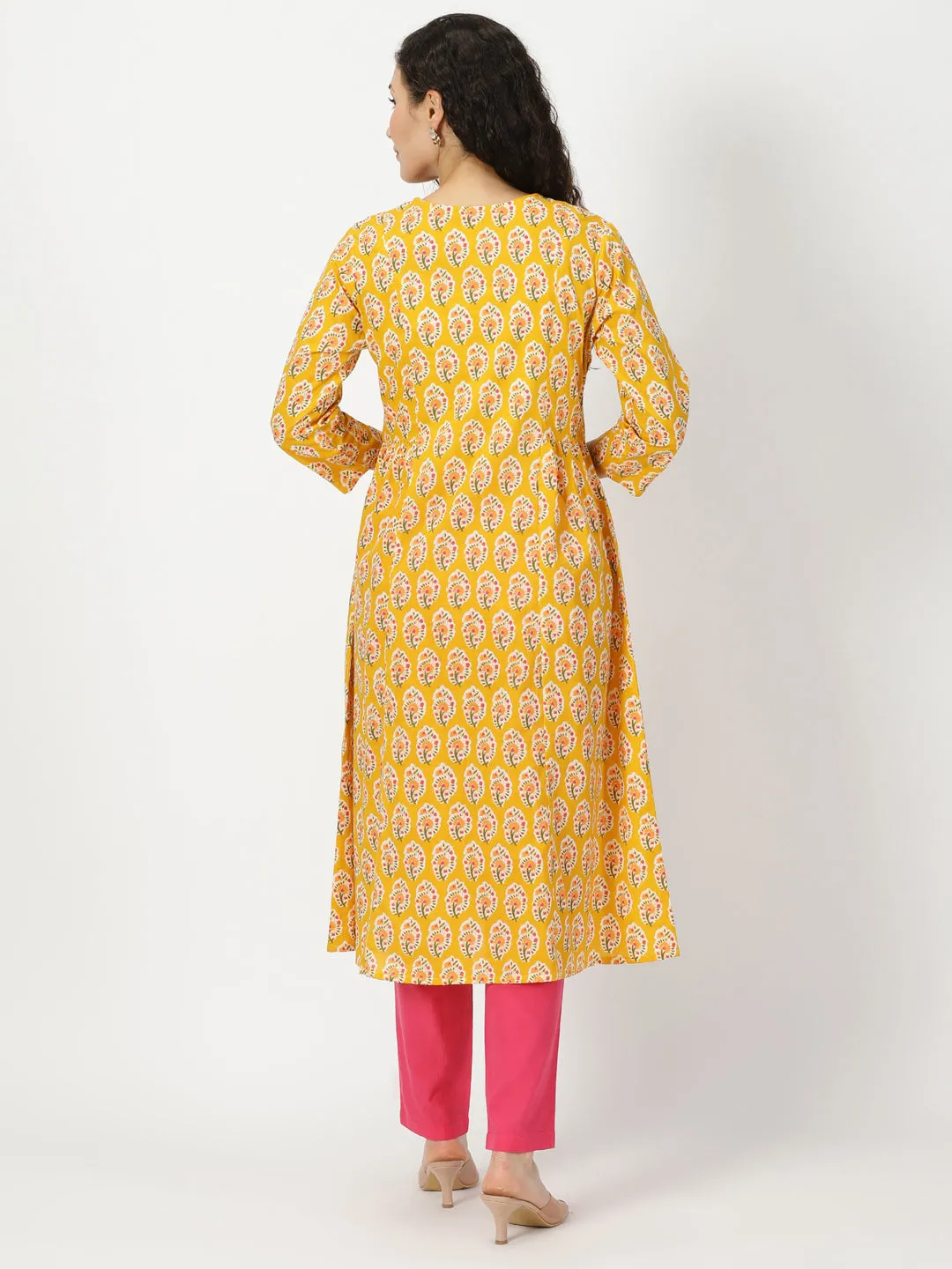Yellow Sanganeri Floral  Kurta with Yoke Embroidery