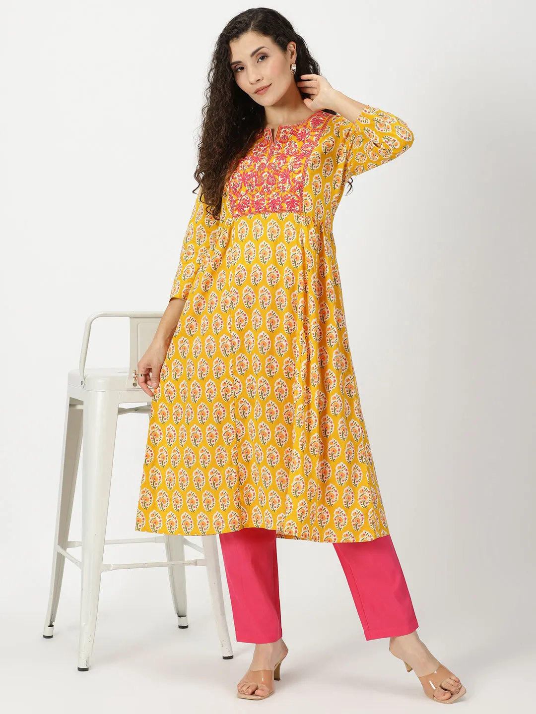 Yellow Sanganeri Floral  Kurta with Yoke Embroidery