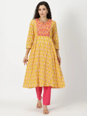 Yellow Sanganeri Floral  Kurta with Yoke Embroidery