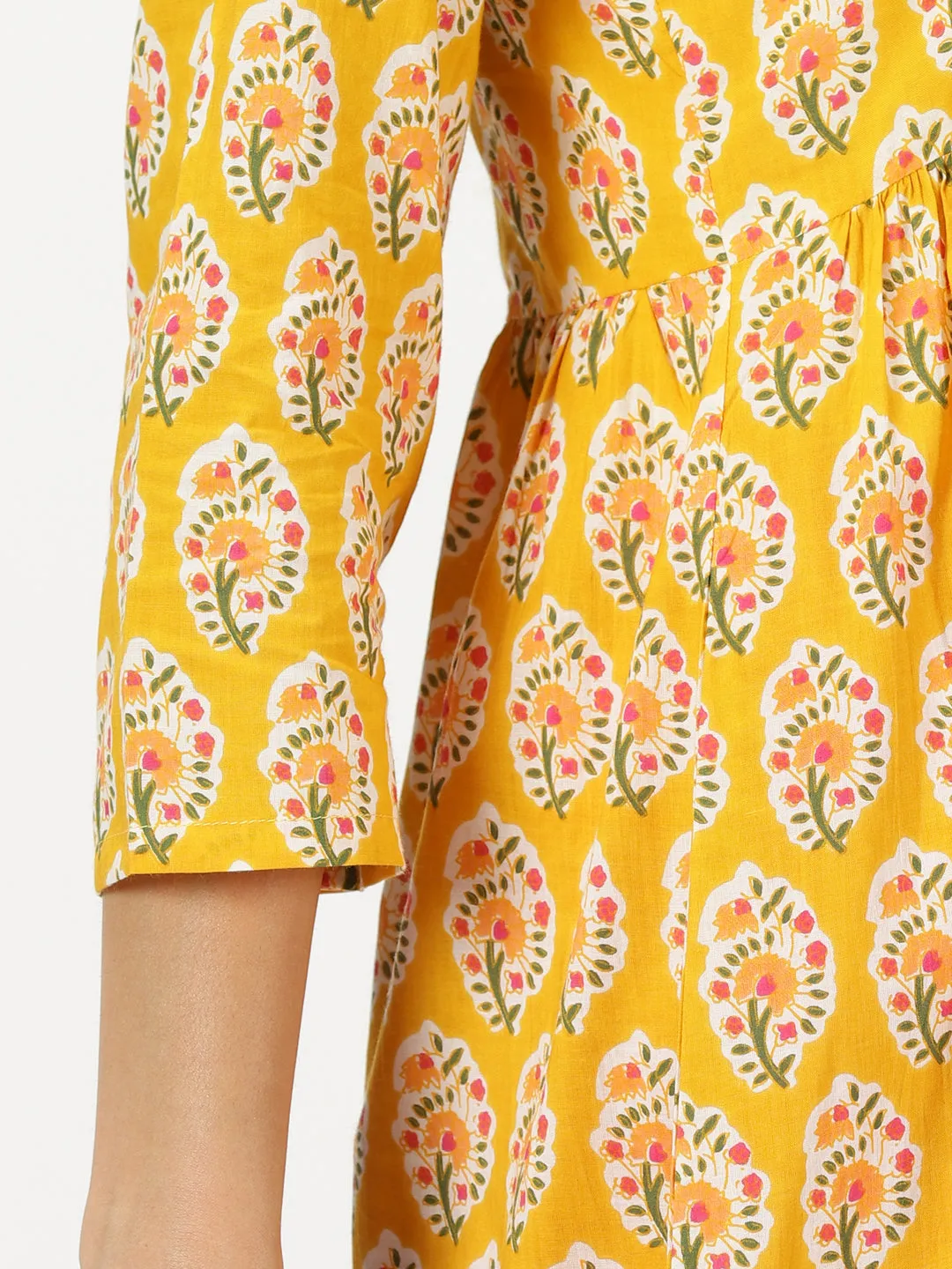 Yellow Sanganeri Floral  Kurta with Yoke Embroidery
