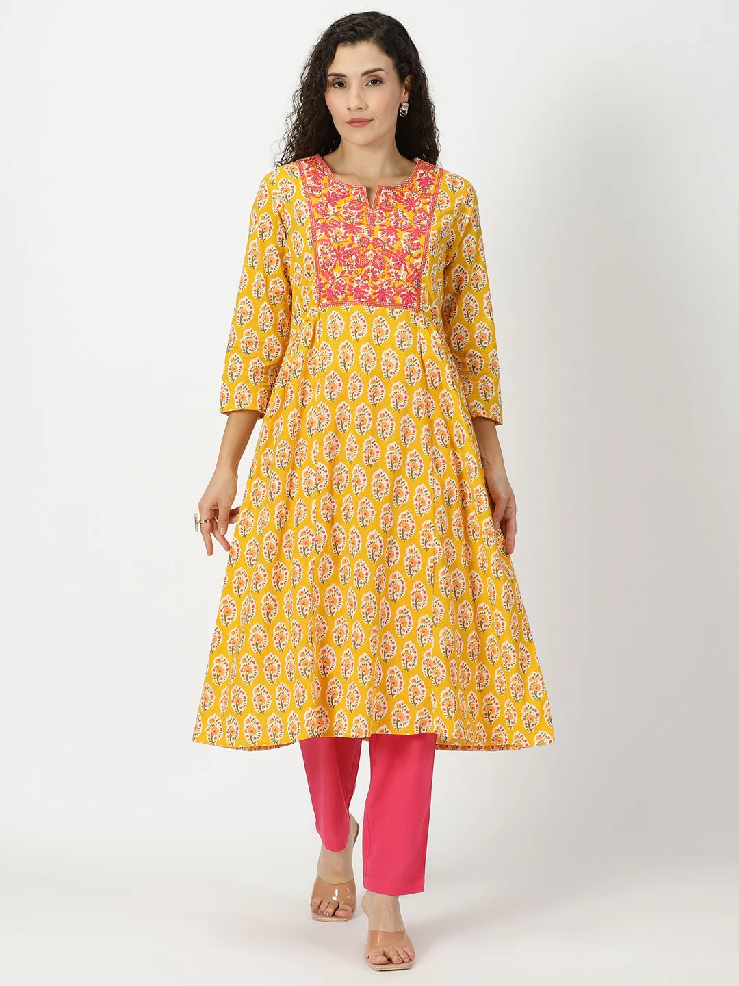 Yellow Sanganeri Floral  Kurta with Yoke Embroidery