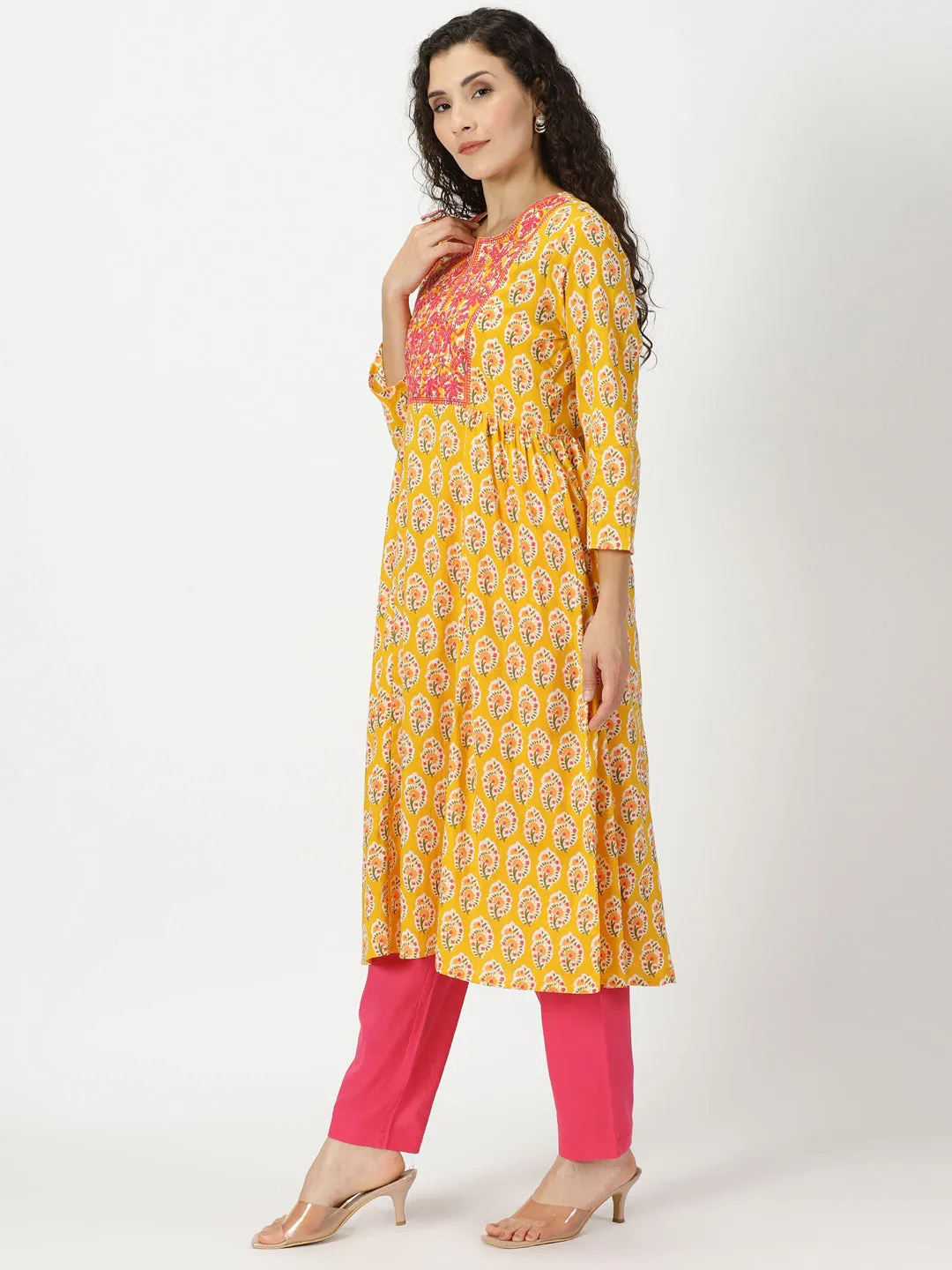 Yellow Sanganeri Floral  Kurta with Yoke Embroidery