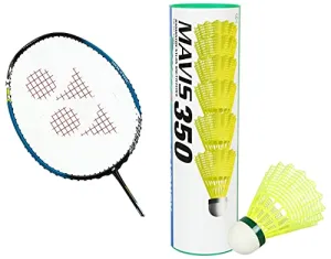 Yonex VOLTRIC 0.6DG Slim Badminton Racquet with free Full Cover (35 lbs Tension) | Tri-voltage system | Made in Taiwan Yonex Mavis 350 Green Cap Nylon Shuttlecock (Yellow)