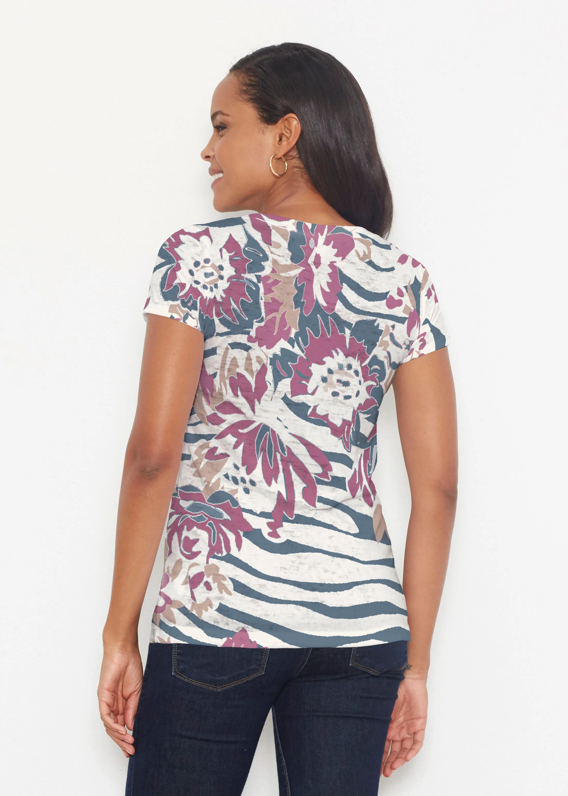 Zebra Posy Navy (8123) ~ Short Sleeve Scoop Shirt
