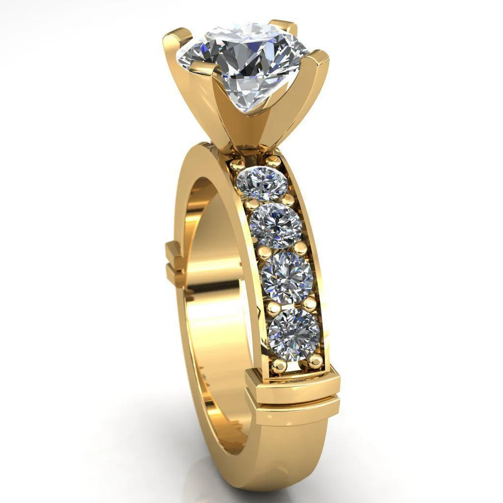 Zeina Round Center Stone Exquisite 4 Prong Thick Diamond Row Sides Ring