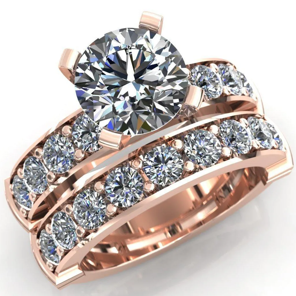 Zeina Round Center Stone Exquisite 4 Prong Thick Diamond Row Sides Ring