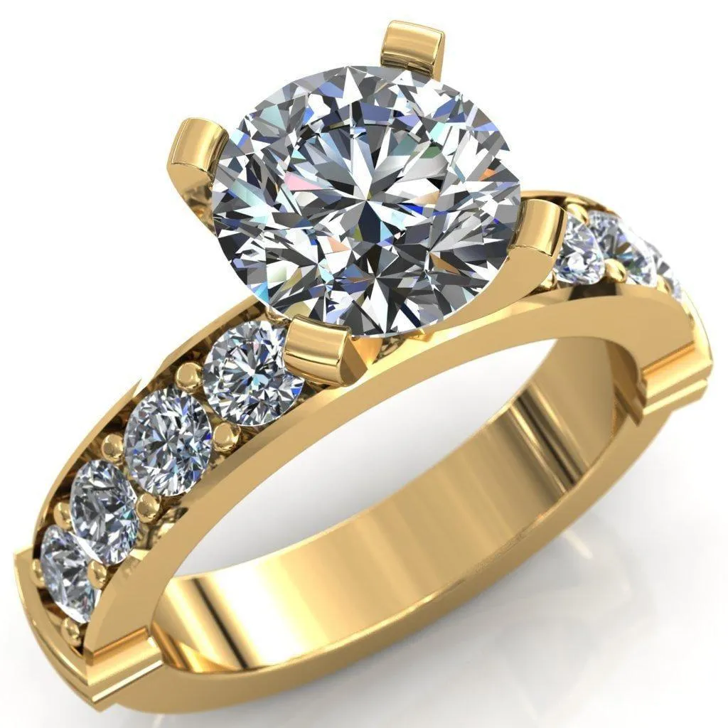 Zeina Round Center Stone Exquisite 4 Prong Thick Diamond Row Sides Ring