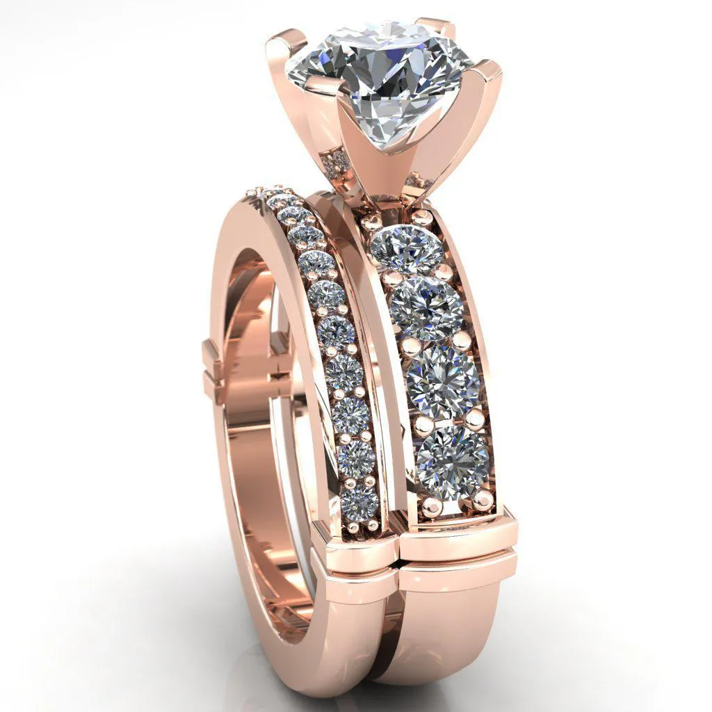 Zeina Round Center Stone Exquisite 4 Prong Thick Diamond Row Sides Ring