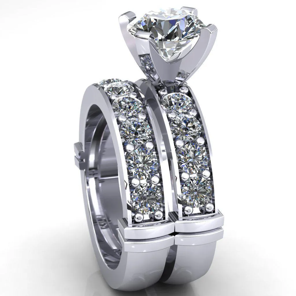 Zeina Round Center Stone Exquisite 4 Prong Thick Diamond Row Sides Ring