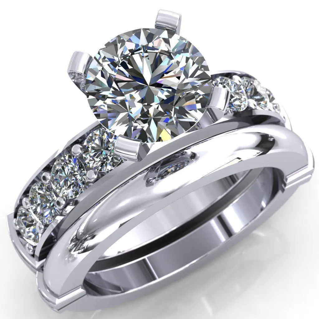 Zeina Round Center Stone Exquisite 4 Prong Thick Diamond Row Sides Ring