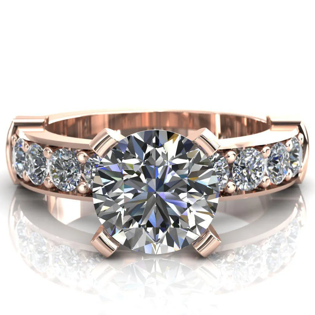 Zeina Round Center Stone Exquisite 4 Prong Thick Diamond Row Sides Ring