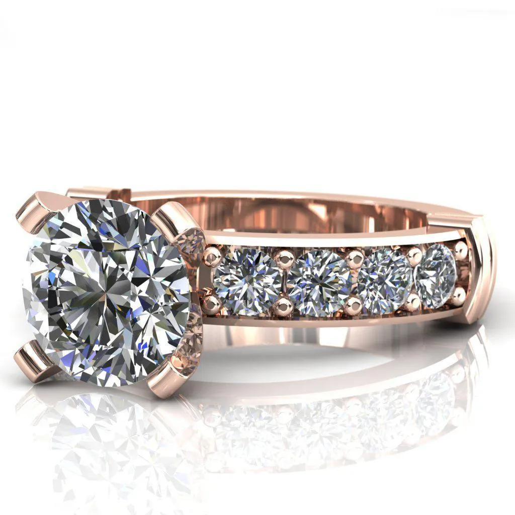Zeina Round Center Stone Exquisite 4 Prong Thick Diamond Row Sides Ring