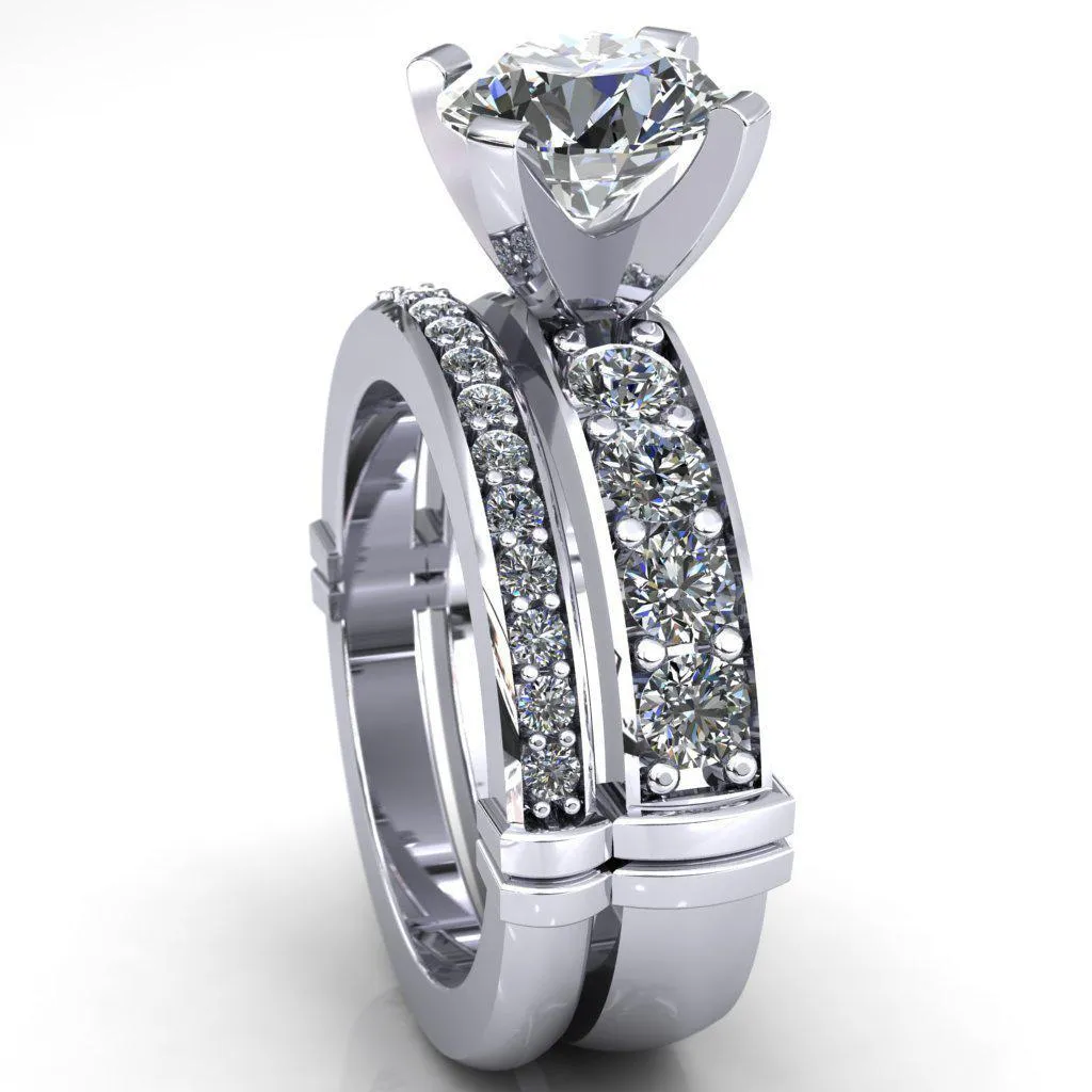 Zeina Round Center Stone Exquisite 4 Prong Thick Diamond Row Sides Ring