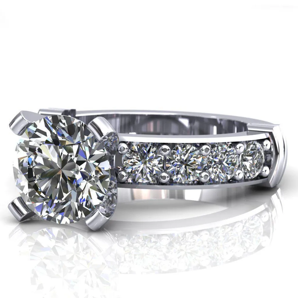 Zeina Round Center Stone Exquisite 4 Prong Thick Diamond Row Sides Ring