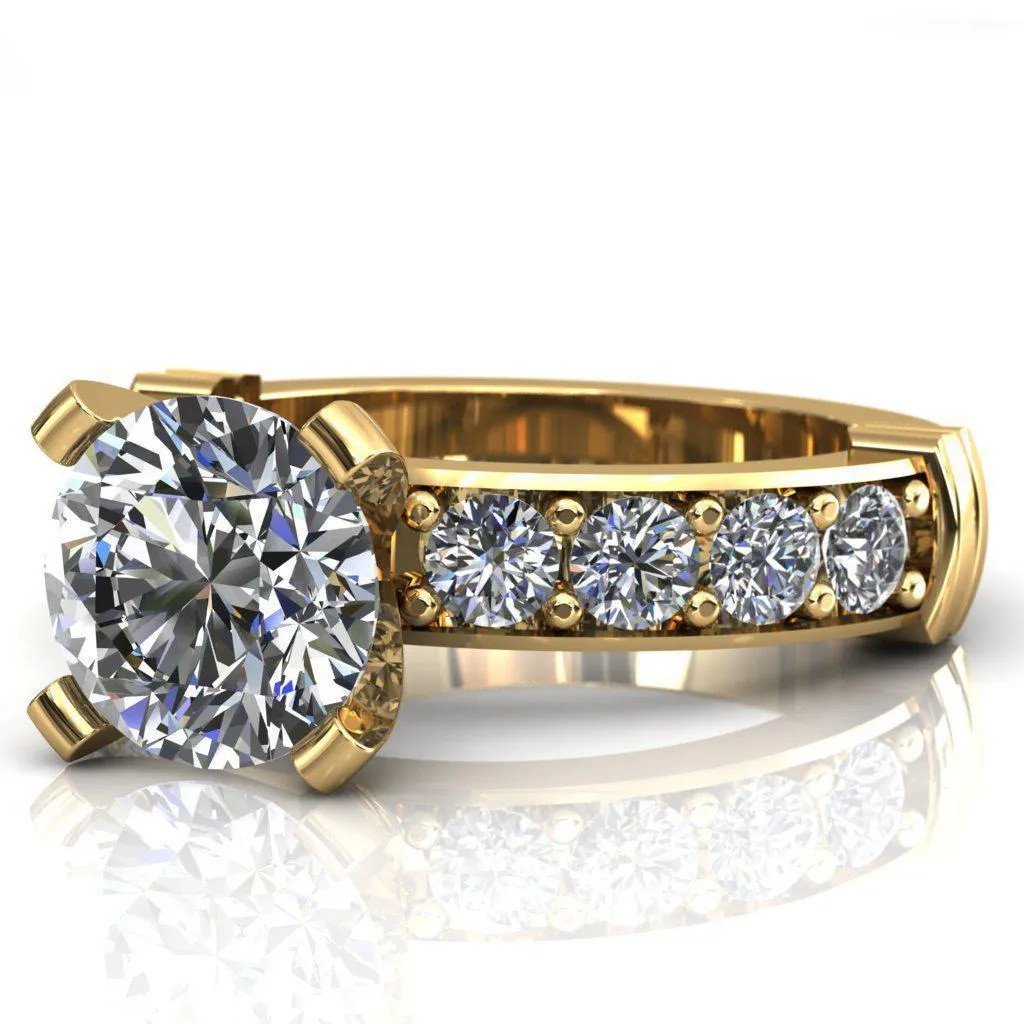 Zeina Round Center Stone Exquisite 4 Prong Thick Diamond Row Sides Ring