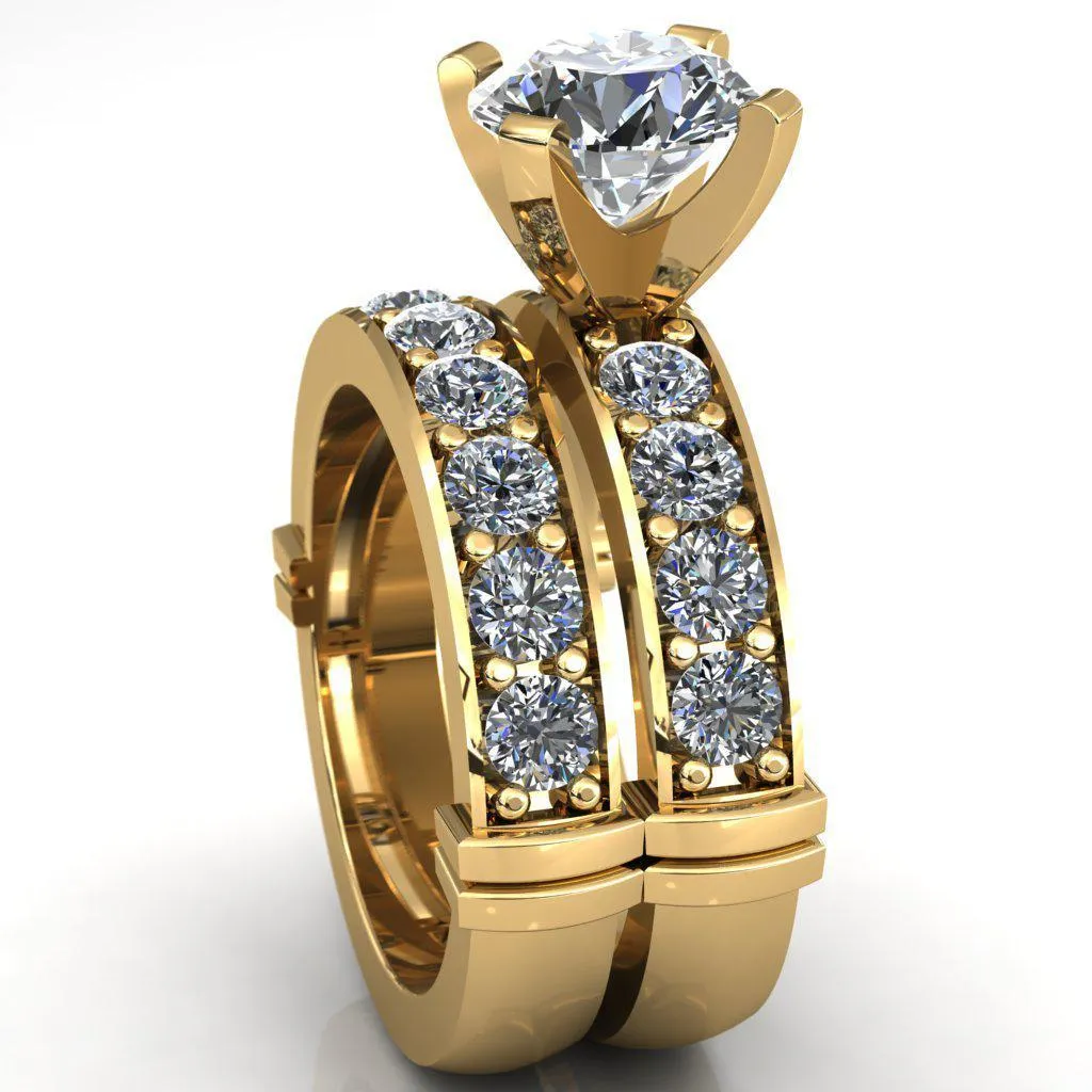 Zeina Round Center Stone Exquisite 4 Prong Thick Diamond Row Sides Ring