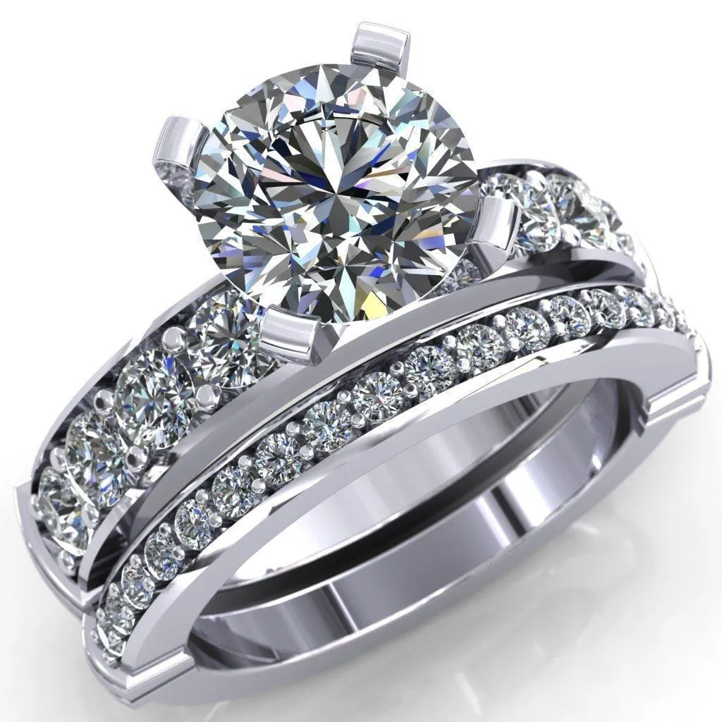Zeina Round Center Stone Exquisite 4 Prong Thick Diamond Row Sides Ring