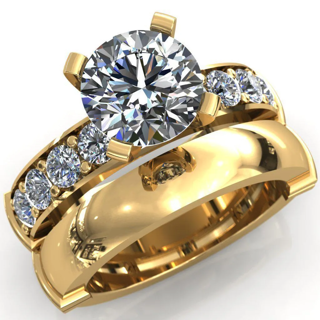 Zeina Round Center Stone Exquisite 4 Prong Thick Diamond Row Sides Ring