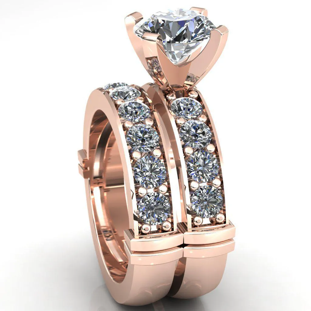 Zeina Round Center Stone Exquisite 4 Prong Thick Diamond Row Sides Ring