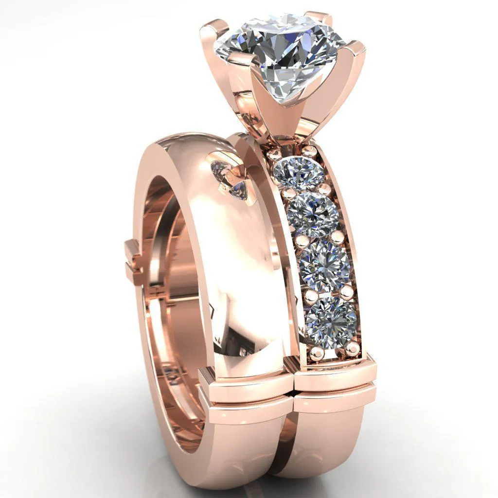 Zeina Round Center Stone Exquisite 4 Prong Thick Diamond Row Sides Ring