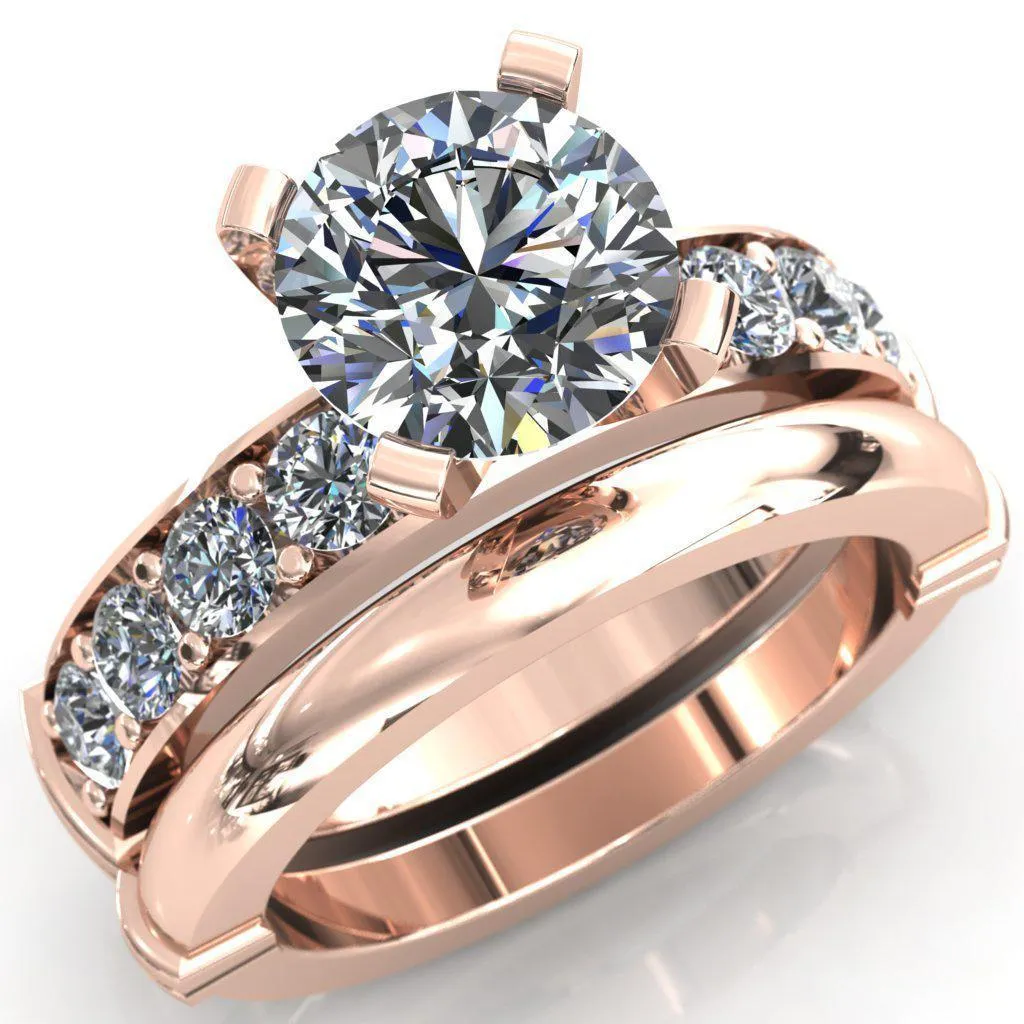 Zeina Round Center Stone Exquisite 4 Prong Thick Diamond Row Sides Ring