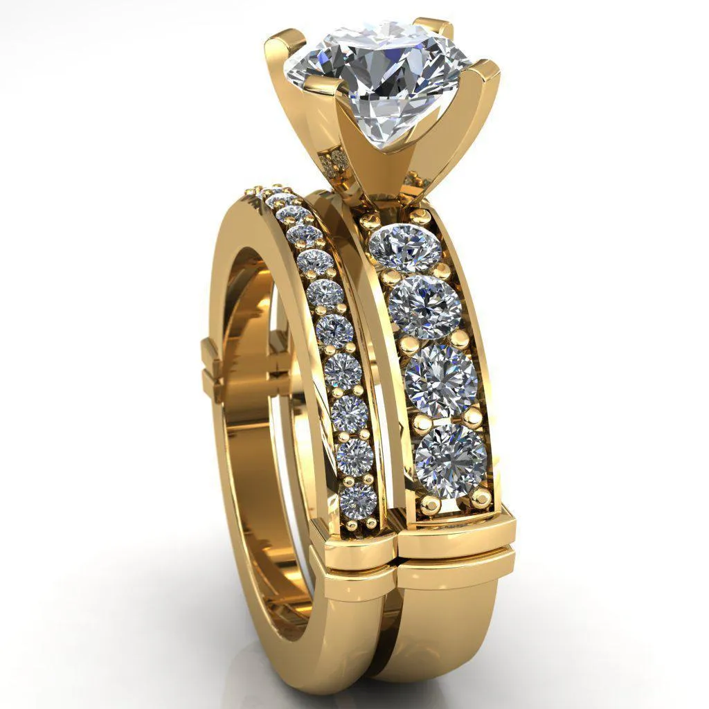 Zeina Round Center Stone Exquisite 4 Prong Thick Diamond Row Sides Ring
