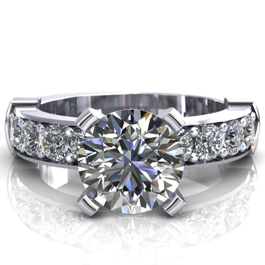 Zeina Round Center Stone Exquisite 4 Prong Thick Diamond Row Sides Ring