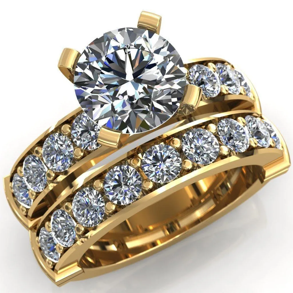 Zeina Round Center Stone Exquisite 4 Prong Thick Diamond Row Sides Ring