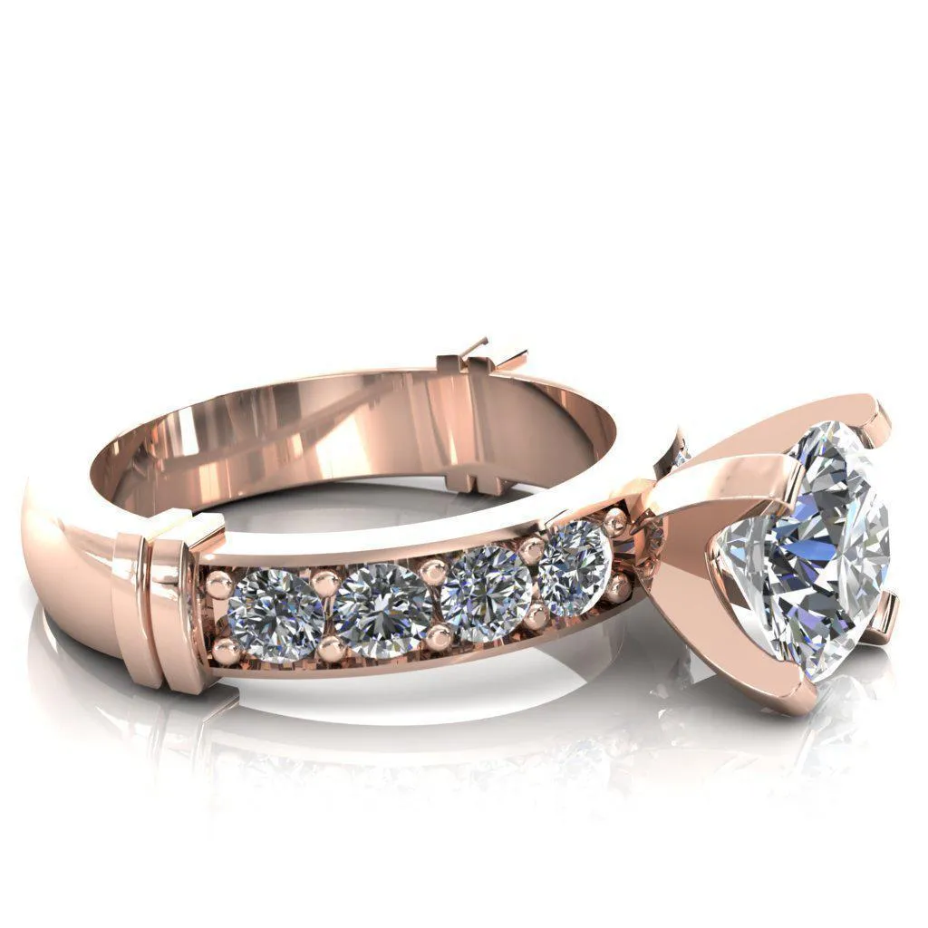Zeina Round Center Stone Exquisite 4 Prong Thick Diamond Row Sides Ring