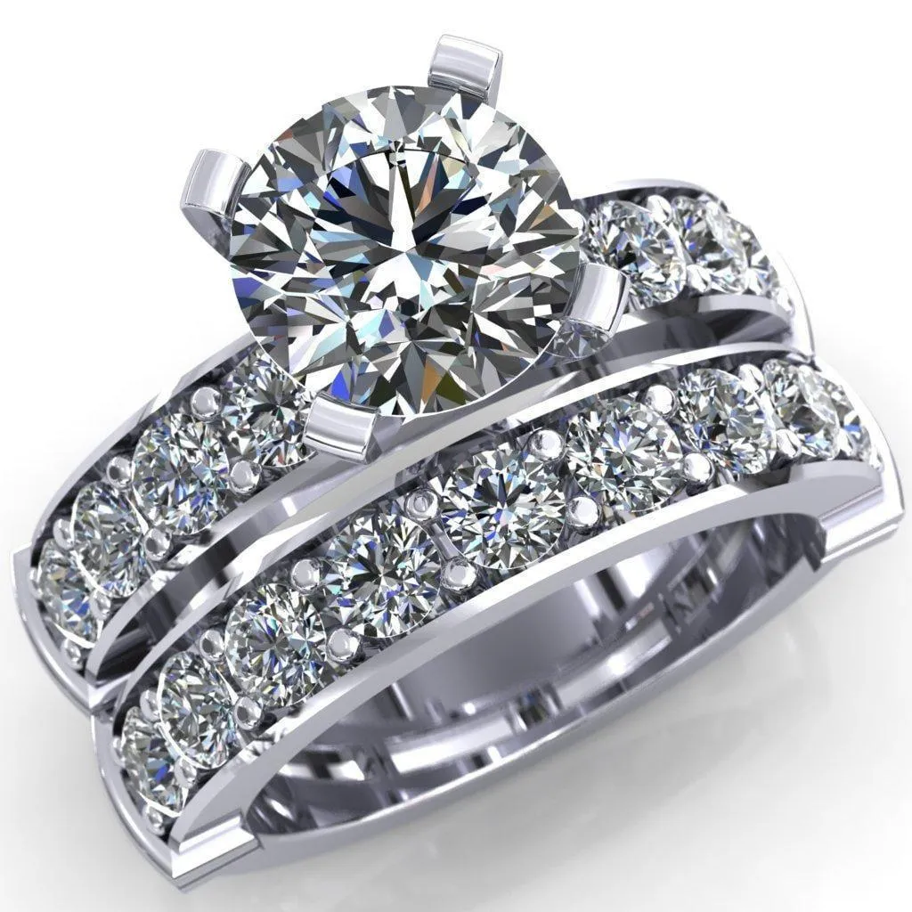 Zeina Round Center Stone Exquisite 4 Prong Thick Diamond Row Sides Ring