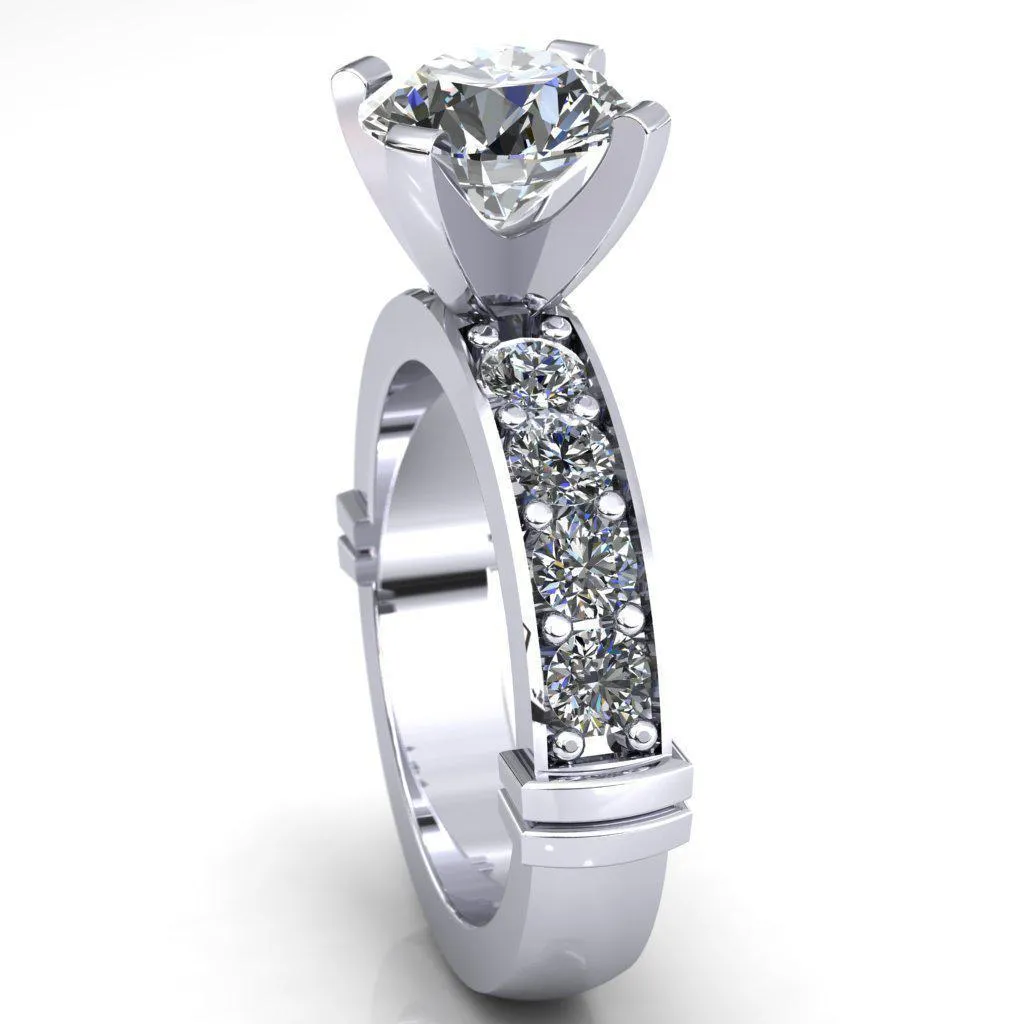Zeina Round Center Stone Exquisite 4 Prong Thick Diamond Row Sides Ring