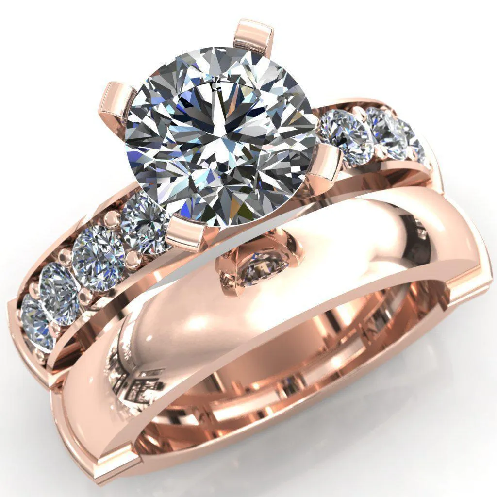 Zeina Round Center Stone Exquisite 4 Prong Thick Diamond Row Sides Ring