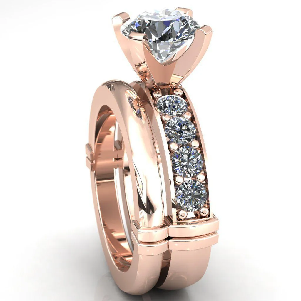 Zeina Round Center Stone Exquisite 4 Prong Thick Diamond Row Sides Ring