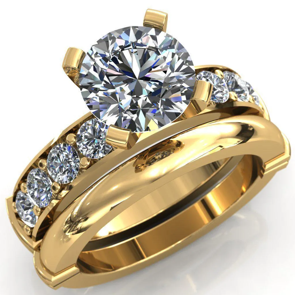 Zeina Round Center Stone Exquisite 4 Prong Thick Diamond Row Sides Ring