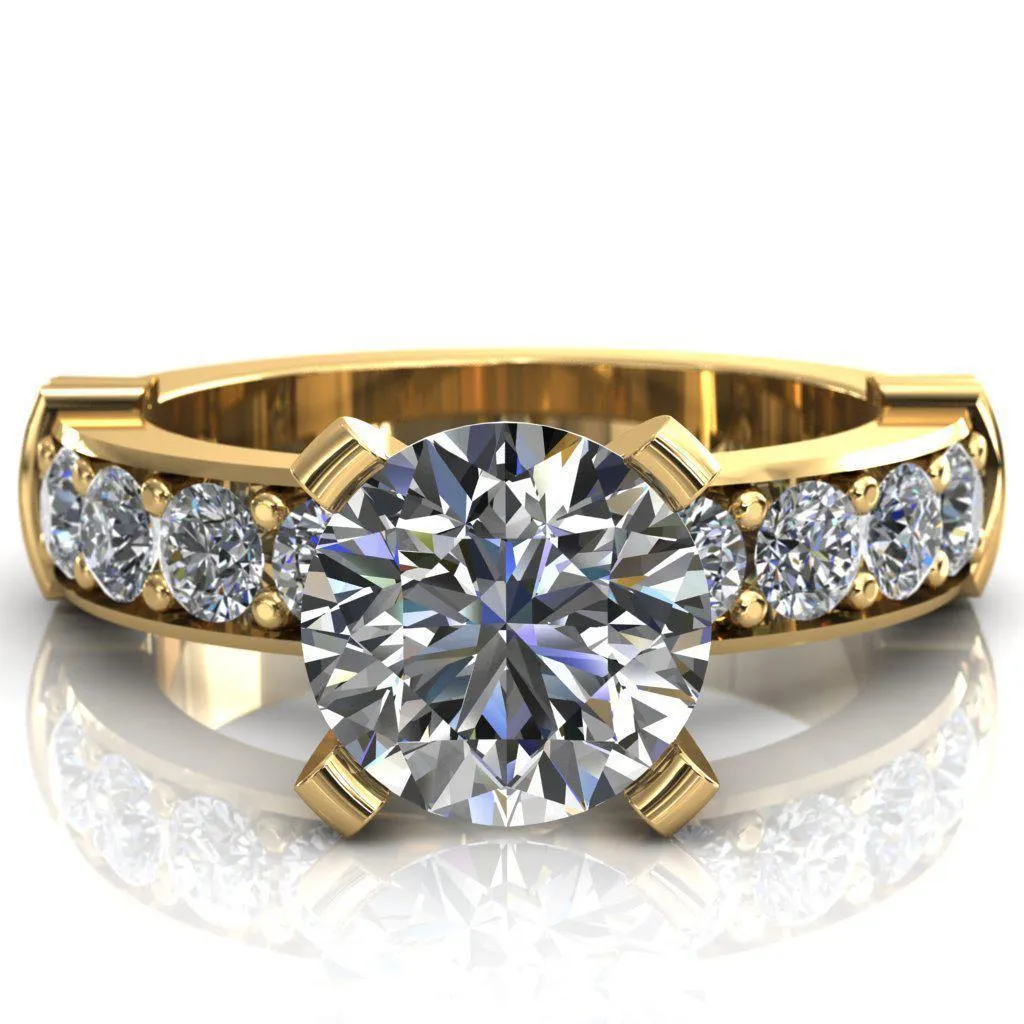 Zeina Round Center Stone Exquisite 4 Prong Thick Diamond Row Sides Ring