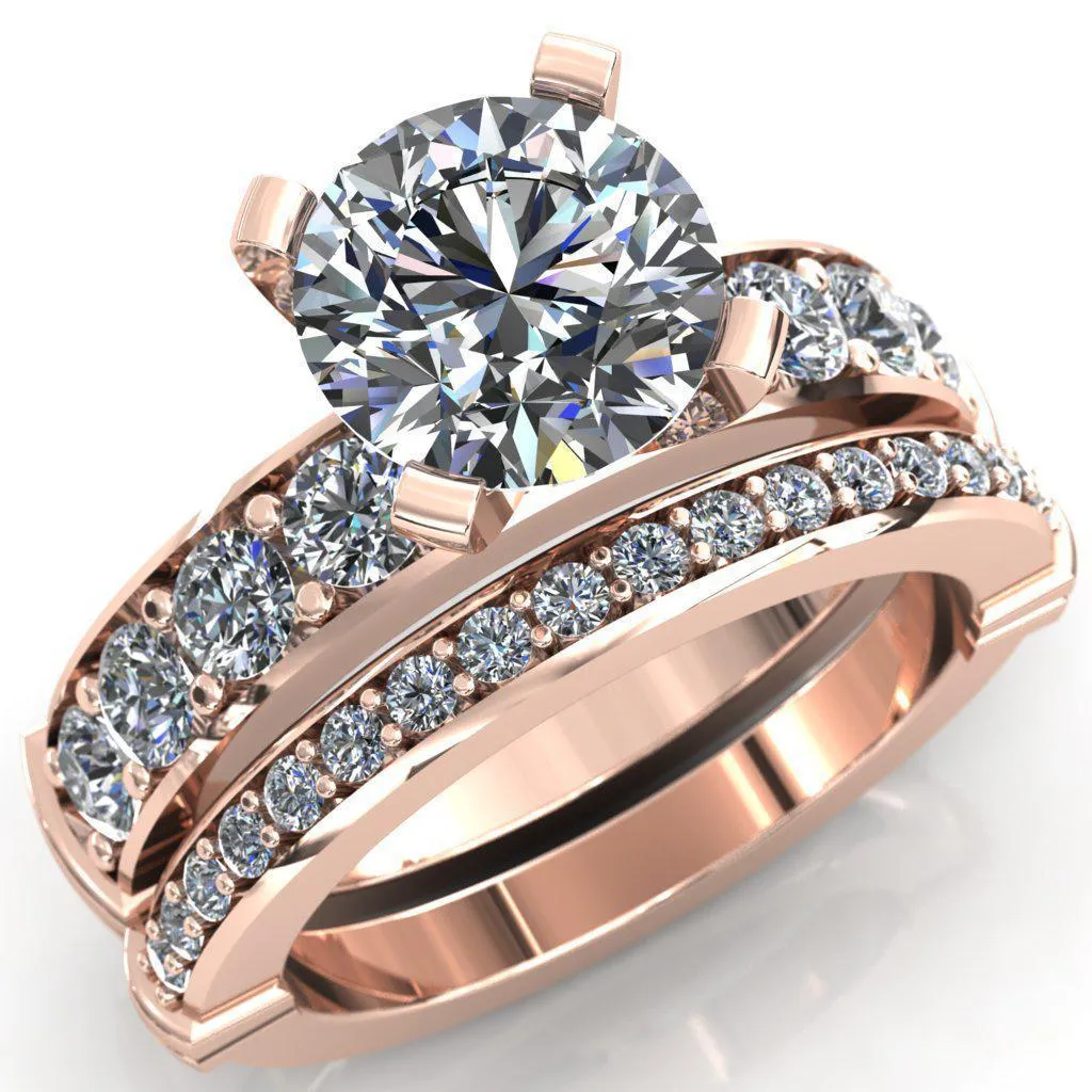 Zeina Round Center Stone Exquisite 4 Prong Thick Diamond Row Sides Ring