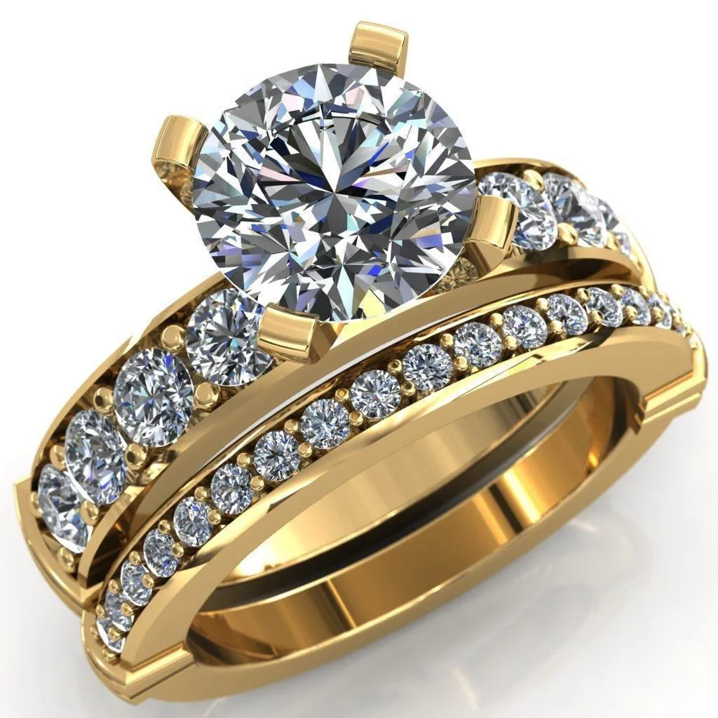Zeina Round Center Stone Exquisite 4 Prong Thick Diamond Row Sides Ring
