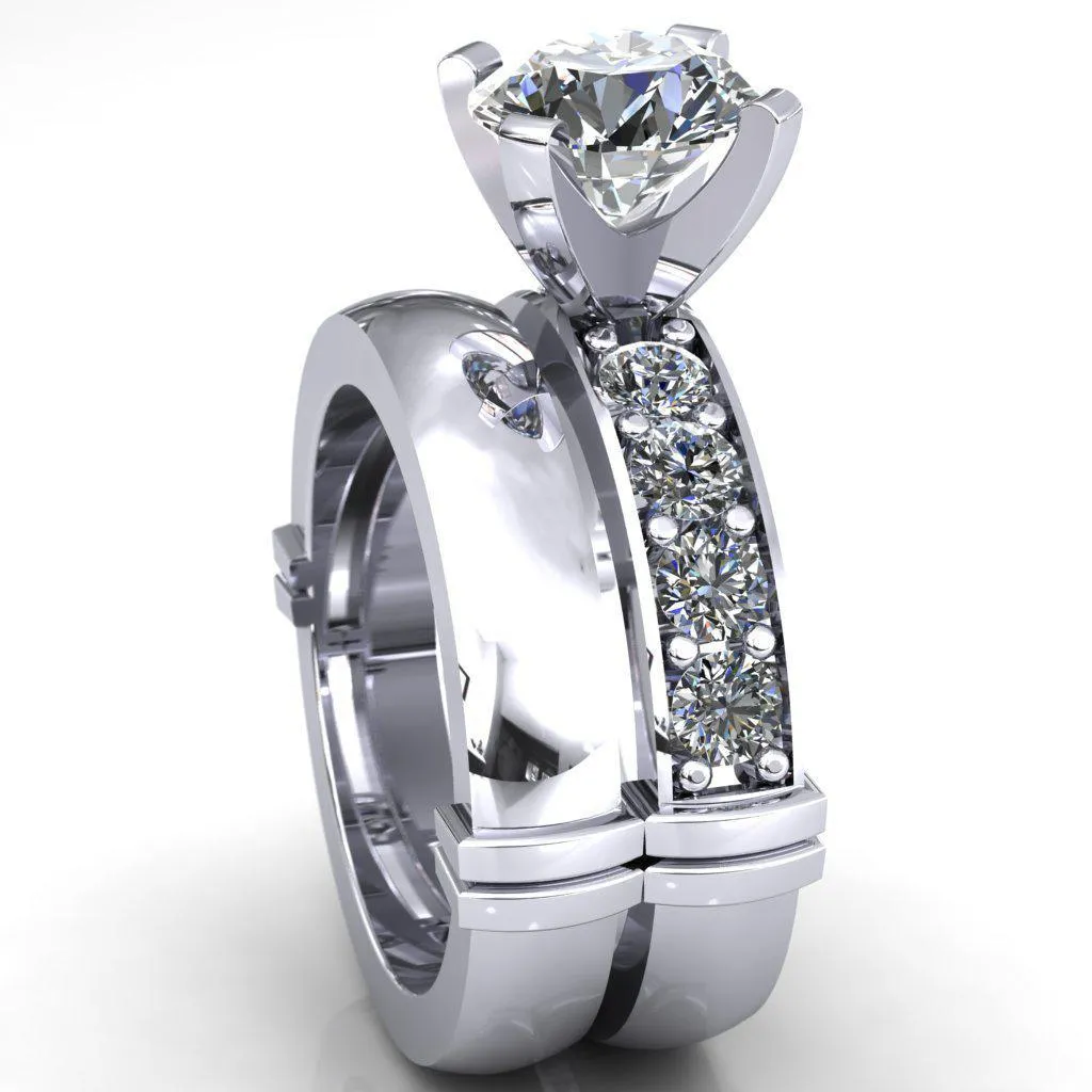 Zeina Round Center Stone Exquisite 4 Prong Thick Diamond Row Sides Ring